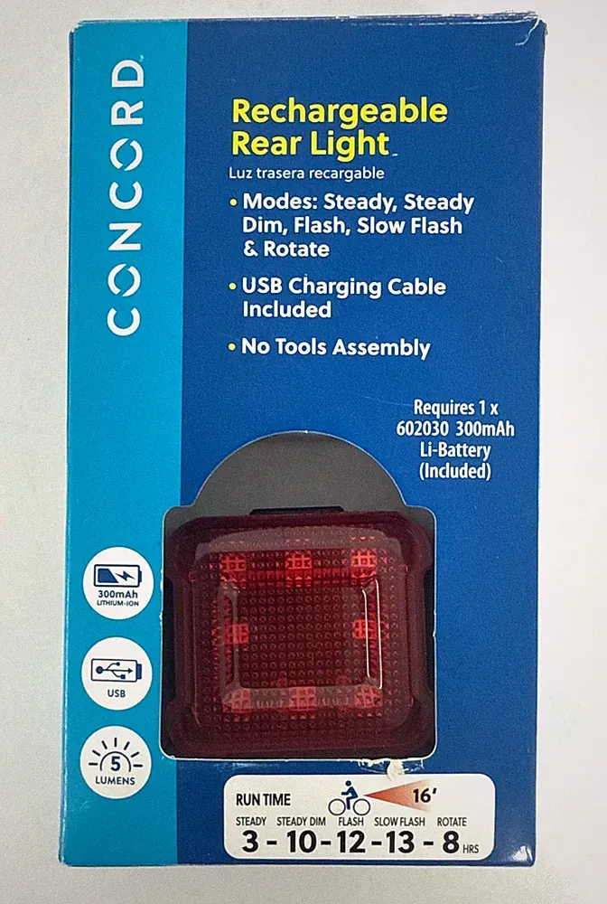 Concord Rechargeable Rear Bicycle Taillight, USB Charger Included ( Box Damaged)
